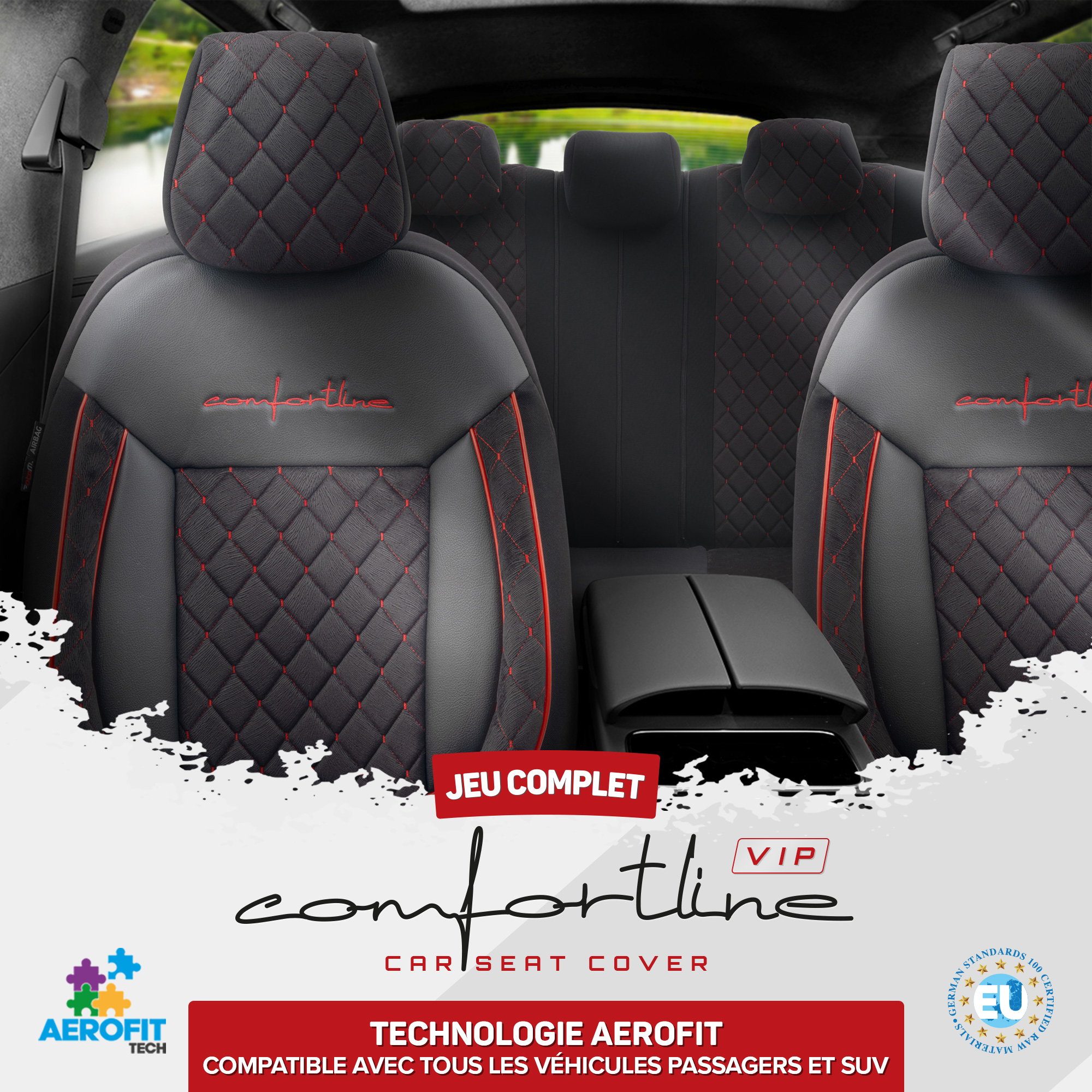 Housse De Siège Auto Rouge Complète - Polyester épais, Confortable, Compatible Airbag