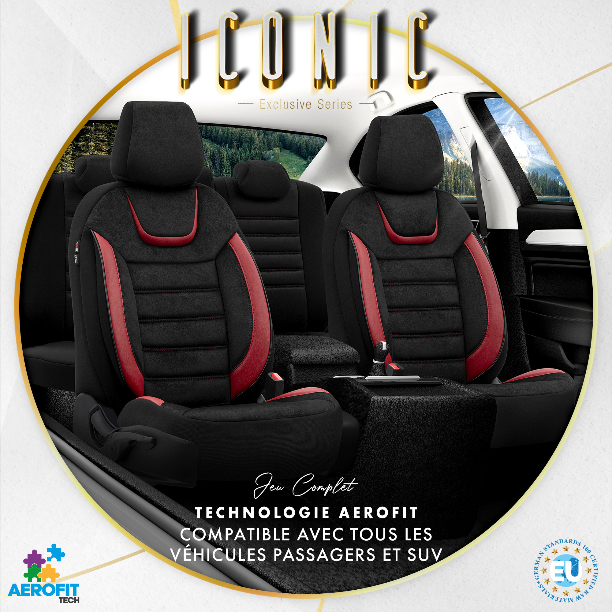 Housses De Siège Voiture Universelles - Velours Noir Et Rouge, Compatible Airbag, Pour Voiture Et SUV - Kit Montage Inclus